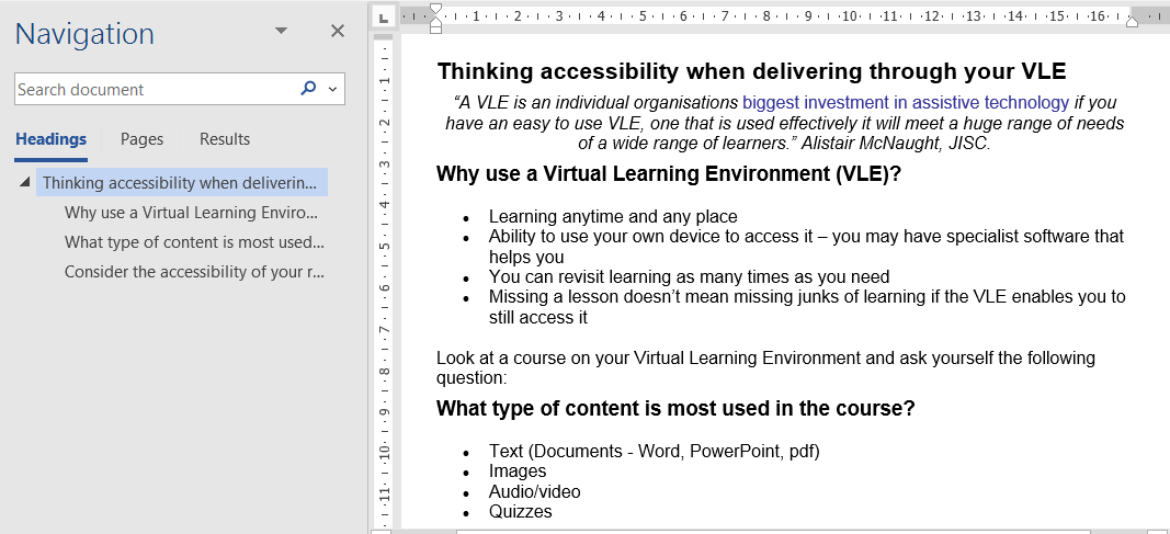 Word document with navigation menu open, showing how heading styles are displayed.