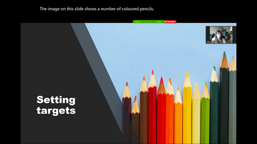 A PowerPoint slide with the captions, The imageon this slide shows a number of coloured pencils.